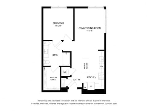 Floor plan for 1 bed, 1 bath, 751 sqft